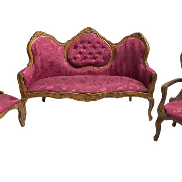 Vintage Victorian Wooden Couch & Chairs Miniature dollhouse Satin Pink Furniture