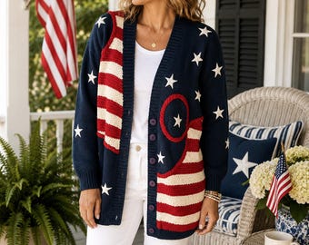 Vintage 1990s Marisa Christina Americana Flag Cardigan Textured Knit Medium