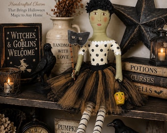 Sharon Andrews Green Face Halloween Shelf Sitter Doll Primitive Folk Art 22” ESC Trading Style Pumpkin Bucket Mask