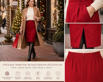 Vintage Norton McNaughton Petites 10 Red 100% Virgin Wool Lined Pencil Skirt Pockets