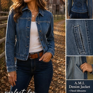 May include: A blue denim jacket with a fitted silhouette, featuring a collar, long sleeves, and a button-front closure. The jacket includes decorative welt pockets that are sewn shut and functional interior slip pockets. Text reads A.M.I. Denim Jacket.