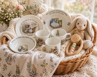 Wedgwood Zestaw porcelany dziecięcej z 7 elementami Królika Piotrusia Pani Tiggy Winkle Anglia