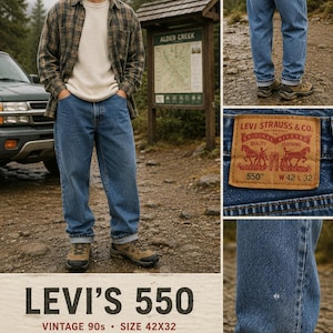 May include: Blue Levi's 550 jeans, size 42x32, with a relaxed fit and tapered leg. The jeans are vintage 90s style. The image also shows a plaid shirt, a white shirt, and a green cap.