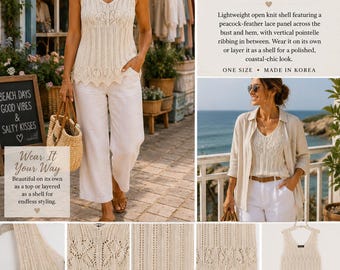 Vintage Celly K Y2K Ivory Crochet Look Pointelle Knit Layering Shell Top OS