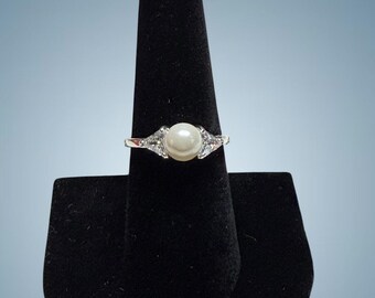 Vintage Faux Pearl CZ Style Ring Silver Tone Bridal Romantic Size 7.75