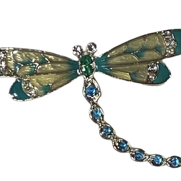 Dragonfly Jewelry Pin Aqua/Green Enamel and Rhinestones Silver Tone 2" Brooch