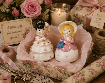 Vintage Storybook Girl Salt & Pepper Shakers Ceramic Pair Pink Mid Century