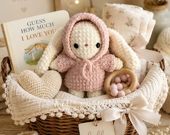 Handmade Crochet Bunny Plush with Pink Hoodie | Amigurumi Nursery Decor, Baby Shower Gift
