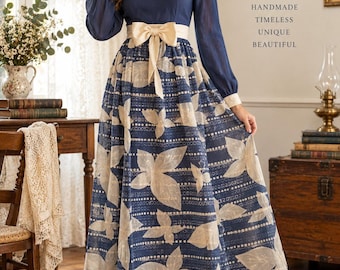 Vintage 1970s Handmade Butterfly Maxi Dress Navy Cream Bow Prairie Theater Costume XS