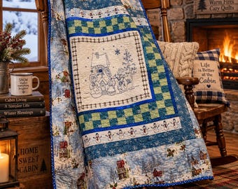 Vintage Snowman Throw Quilt Hand Embroidered Pieced Machine Quilted 55x60