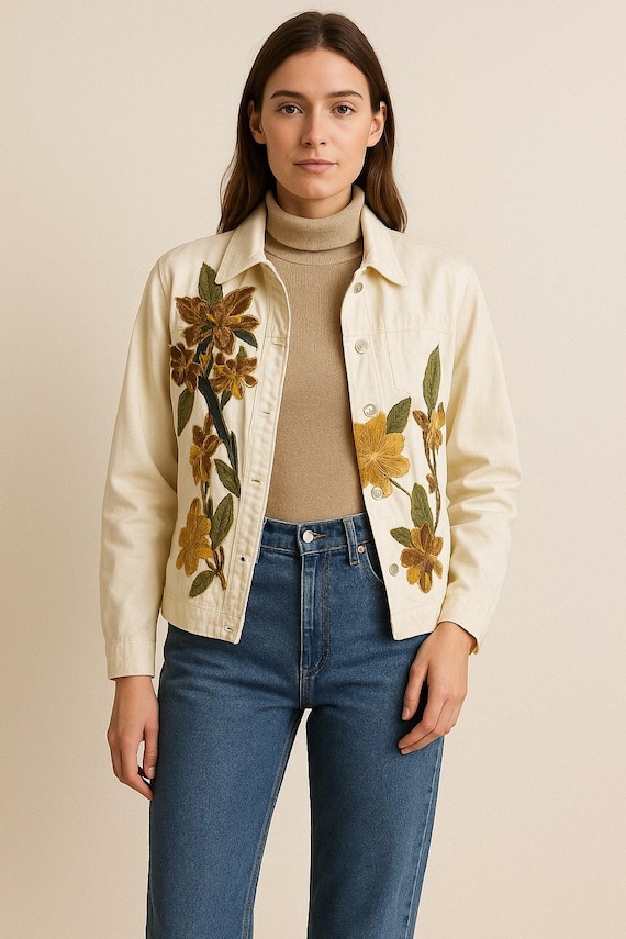 Lara Ashley Cream Denim Shell Button Closure Appl… - image 1