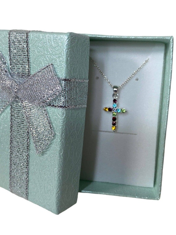 925 Sterling Silver Multi Stone Small Cross Pendan