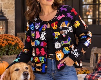 Rare 1997 Michael Simon Dog Cardigan Womens L The Nanny Embroidered Vintage