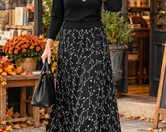 Vintage RL Richard Womens XL Black Floral Button Front Maxi Skirt Made USA
