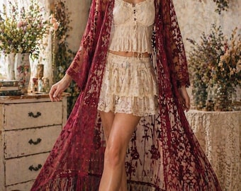 Jody California Womens S/M Long Lace Maroon Floral Open Cardigan Sheer Cover