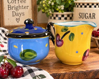 Vintage Hand Painted Cherry Olive Creamer Sugar Bowl Set Whimsical Pottery
