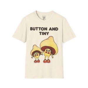 Button and Tiny mushroom characters T-Shirt | whimsical fungi art