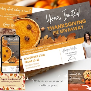 Plantilla de sorteo de pastel de Acción de Gracias para agentes inmobiliarios / Marketing inmobiliario de otoño / Visita de agente inmobiliario de otoño / Plantilla de Canva para sorteo de pastel
