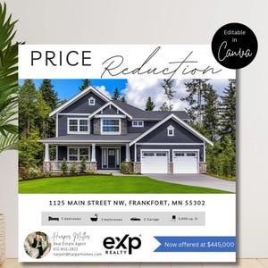 May include: A real estate flyer featuring a dark blue two-story house with a white garage, green lawn, and text reading PRICE REDUCTION, 1125 MAIN STREET NW, FRANKFORT, MN 55302, 5 bedrooms, 3 bathrooms, 2 Garage, 3,000 sq. ft, and exp REALTY.