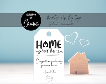 Etiqueta de regalo "Hogar, dulce hogar" para agentes inmobiliarios / Agradecimiento al cliente (Plantilla editable de Canva)
