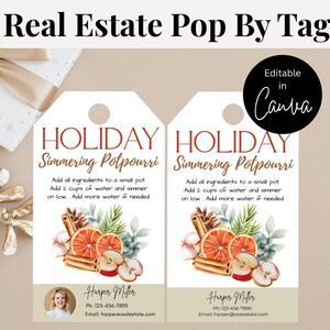 May include: Two white gift tags with the text "HOLIDAY Simmering Potpourri" and instructions. The tags feature watercolor illustrations of oranges, cinnamon sticks, and apples. The tags are for real estate marketing.