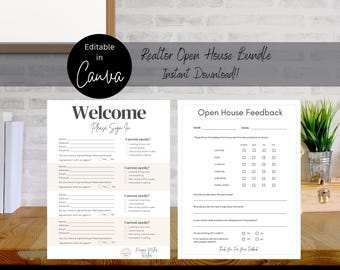 Könnte beinhalten: Ein Immobilienmakler Open House Bundle mit zwei druckbaren Formularen: einem Willkommens-Anmeldeformular und einem Open House Feedback Formular. Die Formulare sind in Schwarzweiß mit ausfüllbaren Feldern.