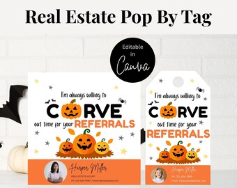 ハロウィン不動産業者向けギフトタグテンプレート：編集可能な秋の不動産ポップバイ（デジタルダウンロード）