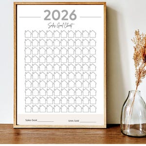 Op de afbeelding: Een ingelijste verkoopdoelgrafiek voor 2026, met een raster van huizencontouren. De tekst "Sales Goal Chart" staat boven de huizencontouren. De grafiek staat in een houten lijst en staat op een houten oppervlak. Rechts staat een heldere glazen vaas met gedroogde planten.