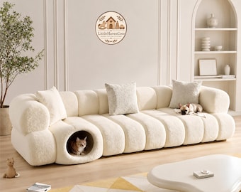 2-in-1 Human & Pet Friendly Sofa | Hidden Cat Cave Boneless Couch, Customizable Teddy Velvet No Assembly Living Room Furniture