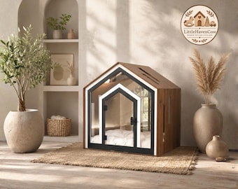 Modern Wooden Dog Crate Furniture – Indoor Dog House Bed with Cushion