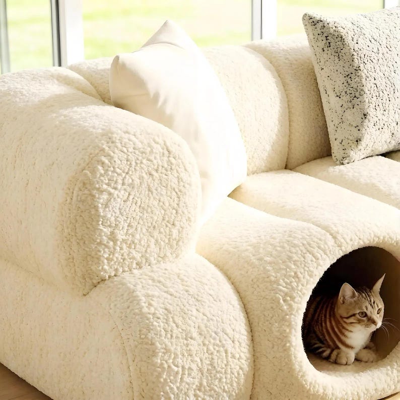 May include: Cream-colored, textured sofa with a built-in cat bed. The sofa has a rounded design and includes two throw pillows. A tabby cat is inside the cat bed. The sofa is near a window.