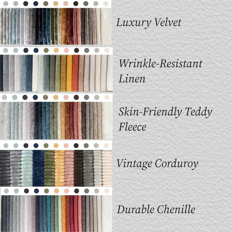 May include: A display of fabric swatches in various colors and textures, including velvet, linen, teddy fleece, corduroy, and chenille. The image includes text labels: "Luxury Velvet", "Wrinkle-Resistant Linen", "Skin-Friendly Teddy Fleece", "Vintage Corduroy", and "Durable Chenille".
