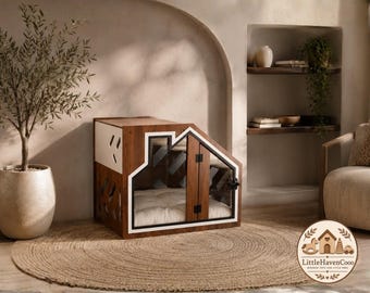 Walnut Dog Crate with Cushion – Wooden Indoor Pet House