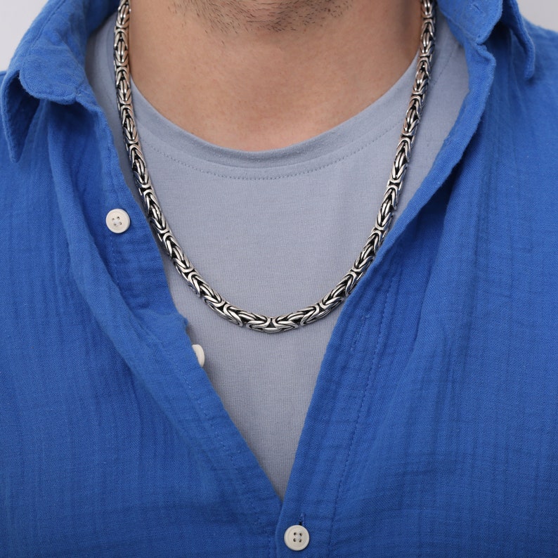 925 Silver Byzantine Chain Necklace for Men, Handmade King Chain