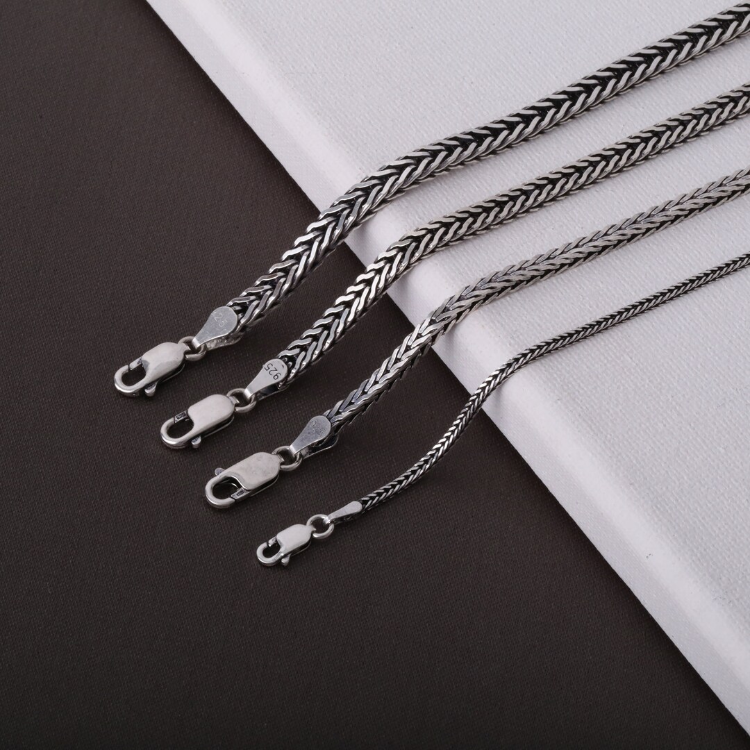 Sterling Silver Foxtail Chain Necklace, Mens Oxidized Chain Necklace