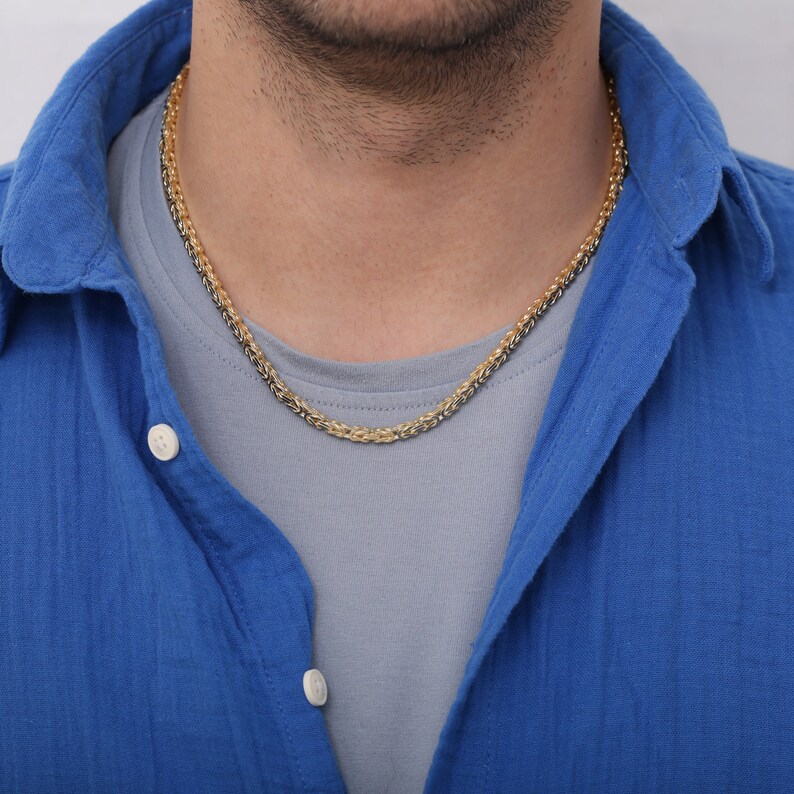 Mens Gold Byzantine Chain Necklace, Goldplated Sterling Silver, Square