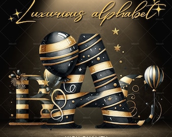 May include: Black and gold alphabet letters with a striped pattern and gold ribbon accents. The letters are decorated with gold stars and balloons. The letters are on a brown background with a spotlight shining on them. The text "luxurious alphabet" is at the top of the image. The text "HIGH QUALITY 44 PNG - 300 DPI - 3000X3000" is at the bottom of the image.
