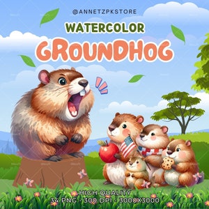 May include: Watercolor illustration of a groundhog family. The groundhog in the center is standing on a tree stump and has its mouth open. The other groundhogs are holding an apple, a cookie, and an American flag. The illustration is set against a blue sky with clouds and green trees.