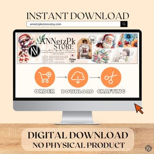 May include: A computer monitor displays a digital download advertisement. The screen shows a website with watercolor illustrations and the text "Instant Download" and "Digital Download, No Physical Product". The website address is annetzpkstore.etsy.com.