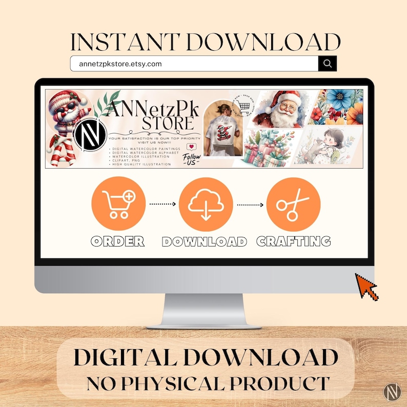 May include: A computer monitor displays a digital download advertisement. The screen shows a website with watercolor illustrations and the text "Instant Download" and "Digital Download, No Physical Product". The website address is annetzpkstore.etsy.com.