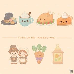 Pastel Thanksgiving clipart with kawaii turkey, pumpkins, pie, and autumn harvest in soft pastel colors for digital projects.