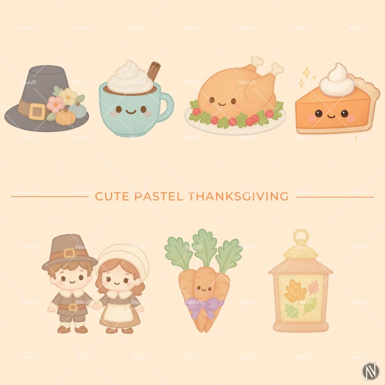 Pastel Thanksgiving clipart with kawaii turkey, pumpkins, pie, and autumn harvest in soft pastel colors for digital projects.