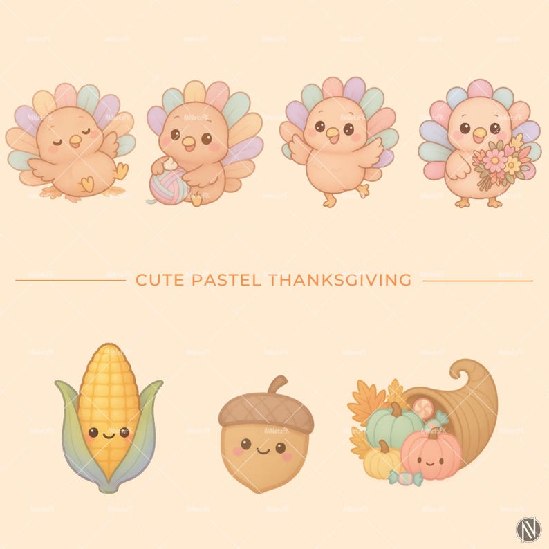 Pastel Thanksgiving clipart with kawaii turkey, pumpkins, pie, and autumn harvest in soft pastel colors for digital projects.