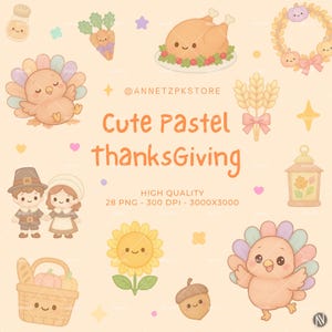 Pastel Thanksgiving clipart with kawaii turkey, pumpkins, pie, and autumn harvest in soft pastel colors for digital projects.