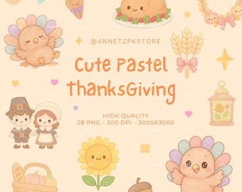 Kawaii Thanksgiving Clipart: Pastel Turkey, Pumpkin Pie PNG (Digital Download)