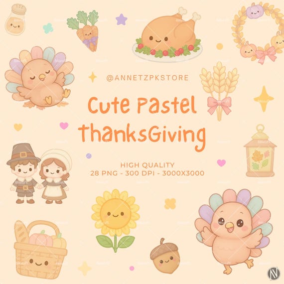 Kawaii Thanksgiving Clipart: Pastel Turkey, Pumpkin Pie PNG (Digital Download)