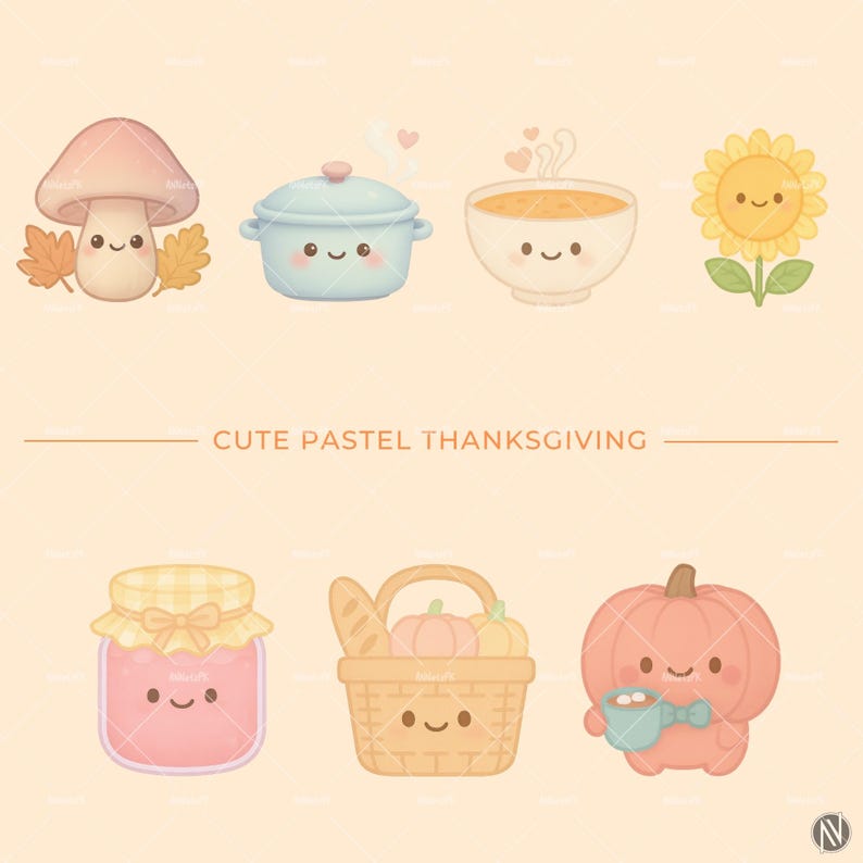 Pastel Thanksgiving clipart with kawaii turkey, pumpkins, pie, and autumn harvest in soft pastel colors for digital projects.