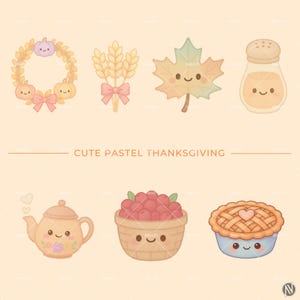 Pastel Thanksgiving clipart with kawaii turkey, pumpkins, pie, and autumn harvest in soft pastel colors for digital projects.