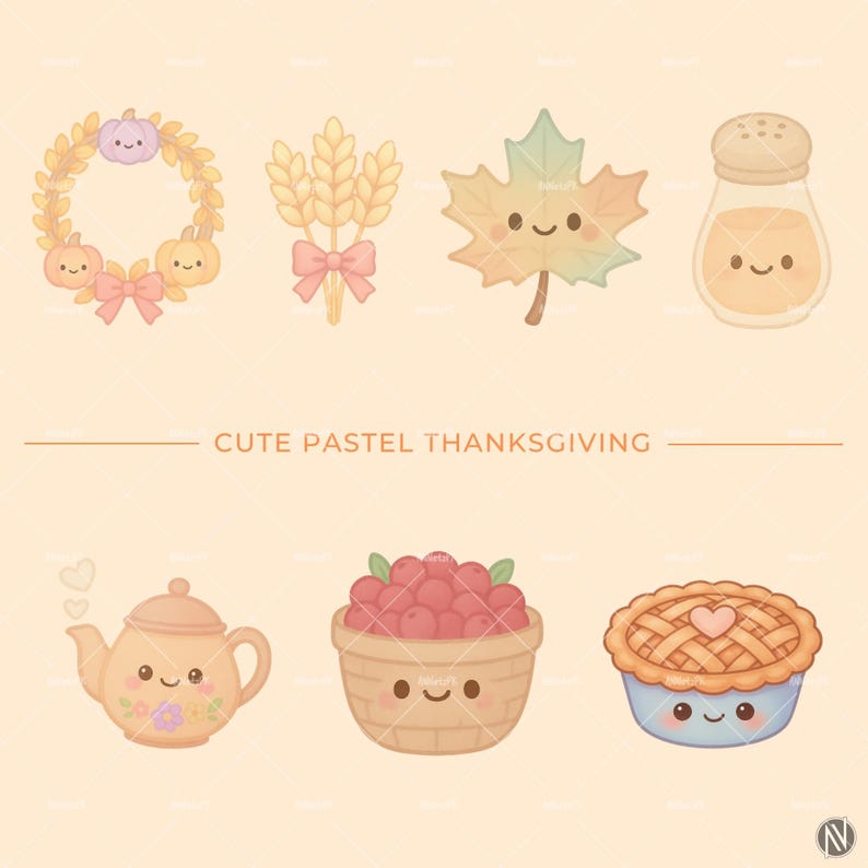 Pastel Thanksgiving clipart with kawaii turkey, pumpkins, pie, and autumn harvest in soft pastel colors for digital projects.