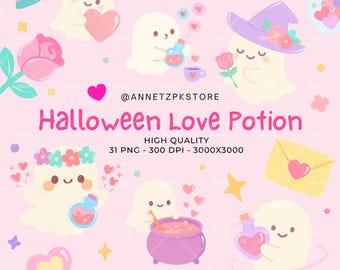 Halloween Potion Clipart: Pastel Kawaii Bottles, Hearts, Ghosts (31 PNG)